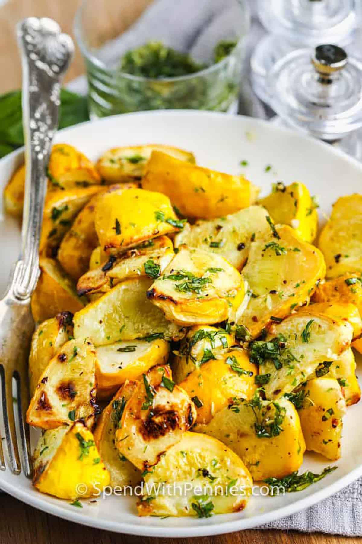 plated Roasted Patty Pan Squash with herbs