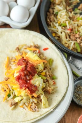 Breakfast burritos on a tortilla shell