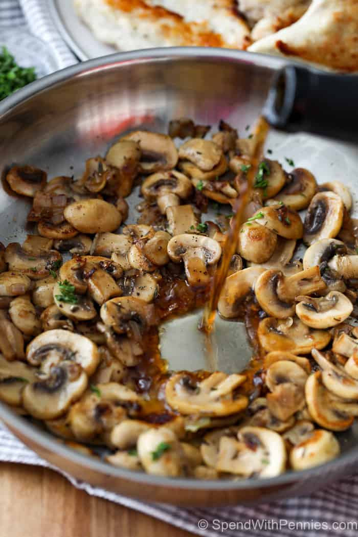 Tender chicken and juicy mushrooms are featured in this delicious chicken marsala recipe. Make a double portion of this unforgettable entree, in case guests ask for seconds. Leftovers are sure to to disappear! Serve it from the Crockpot, or cook it in a skillet on the stovetop, it's always delish! #chickenmarsala #recipe #homemade #spendwithpennies Chicken marsala ingredients in a bowl with liquid being poured in