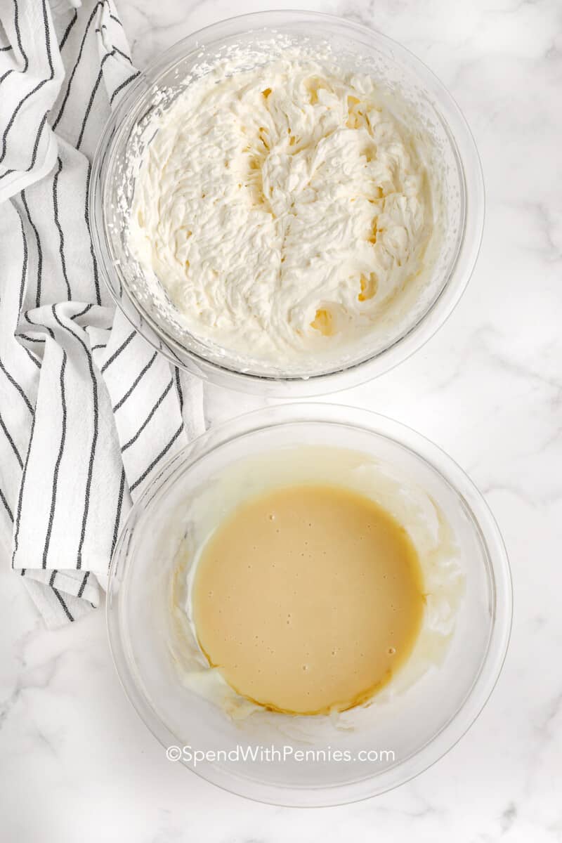 mixing ingredients in two glass bowls for cookie dough ice cream