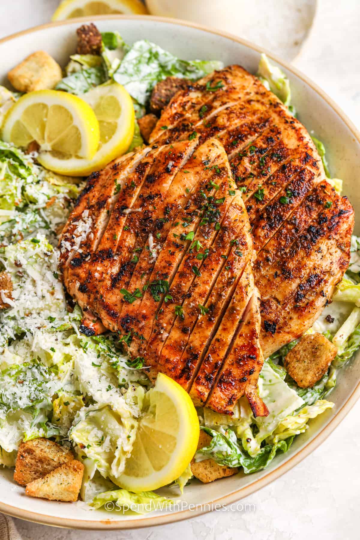 close up of Grilled Chicken Caesar Salad