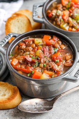 bowls of Crock Pot Ham and Lentil Soup