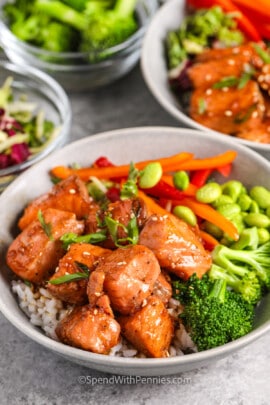 a salmon bowl with fresh vegetables and green onions