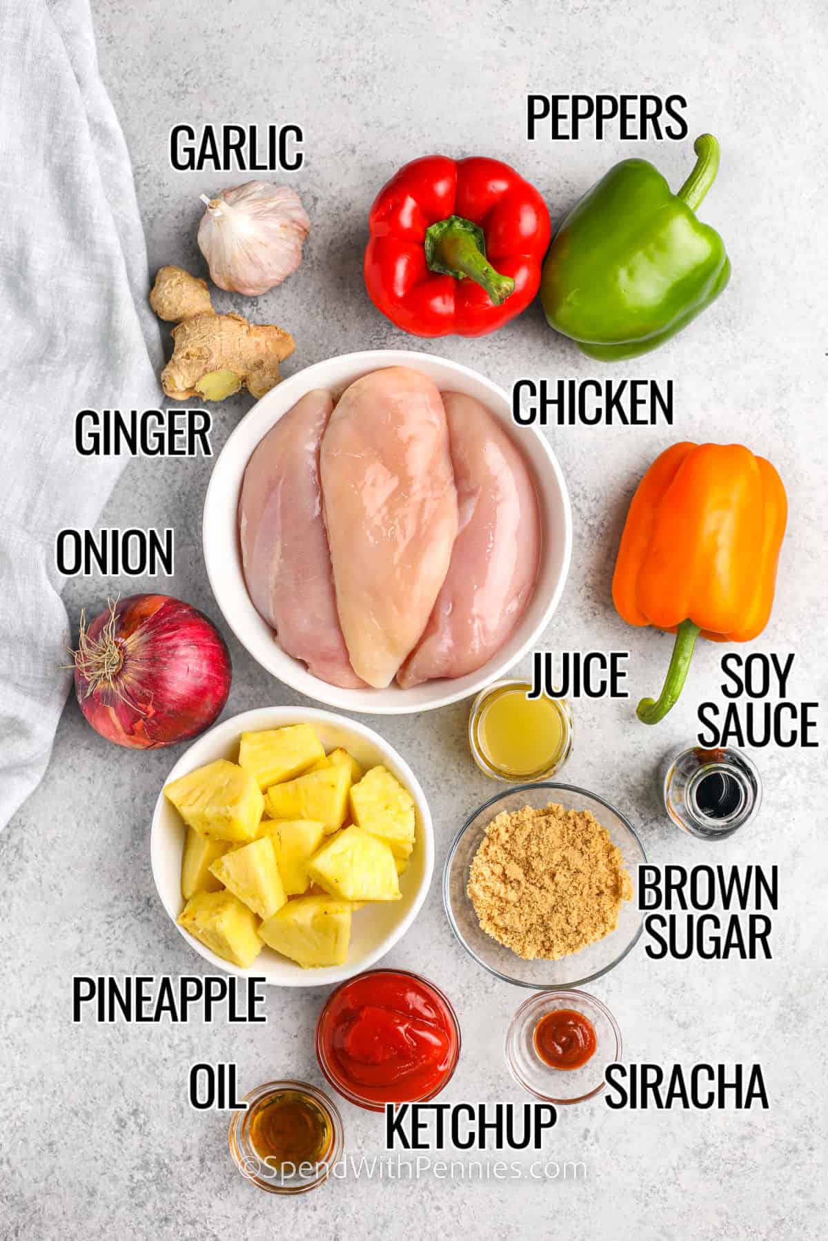 garlic , ginger , peppers , onion , chicken , pineapple juice , soy sauce , onion , pineapple , oil , ketchup , siracha and brown sugar with labels to make Hawaiian Chicken Kabobs