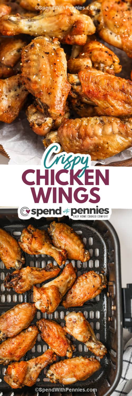 Air Fryer Chicken Wings in the fryer and plated with writing
