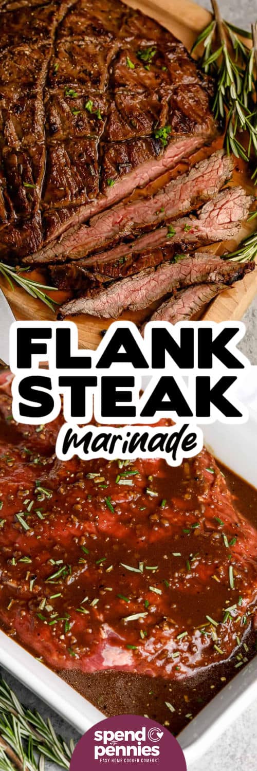 Balsamic Marinated Flank Steak before and after cooking with a title