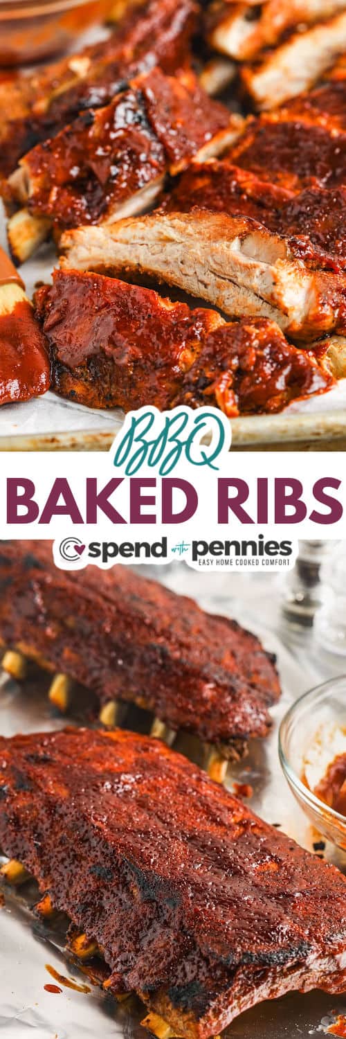 Oven Baked Ribs cooked on a sheet pan and cut with writing