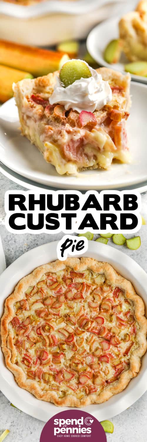 Rhubarb Custard Pie and a slice on a plate with a title