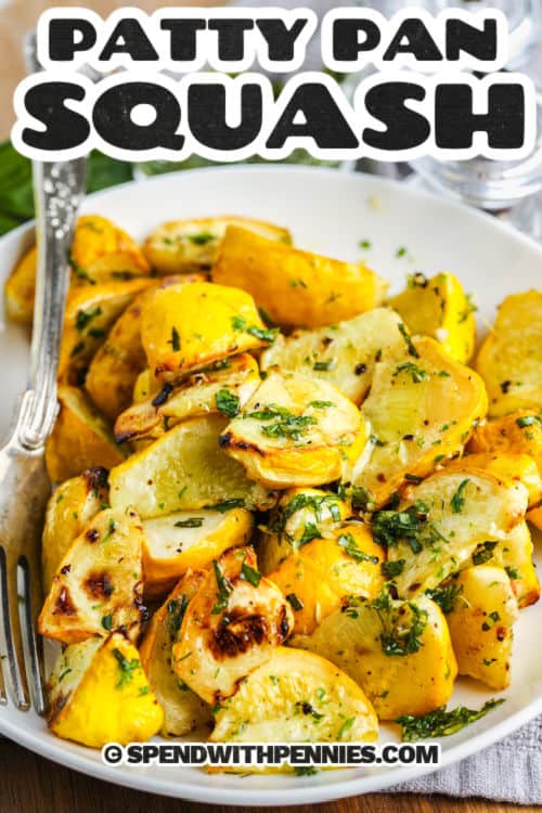 plated Roasted Patty Pan Squash with lemon oil and herbs with a title