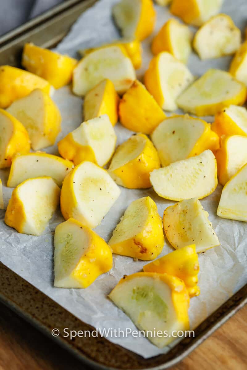 squash on a sheet pan to make Roasted Patty Pan Squash