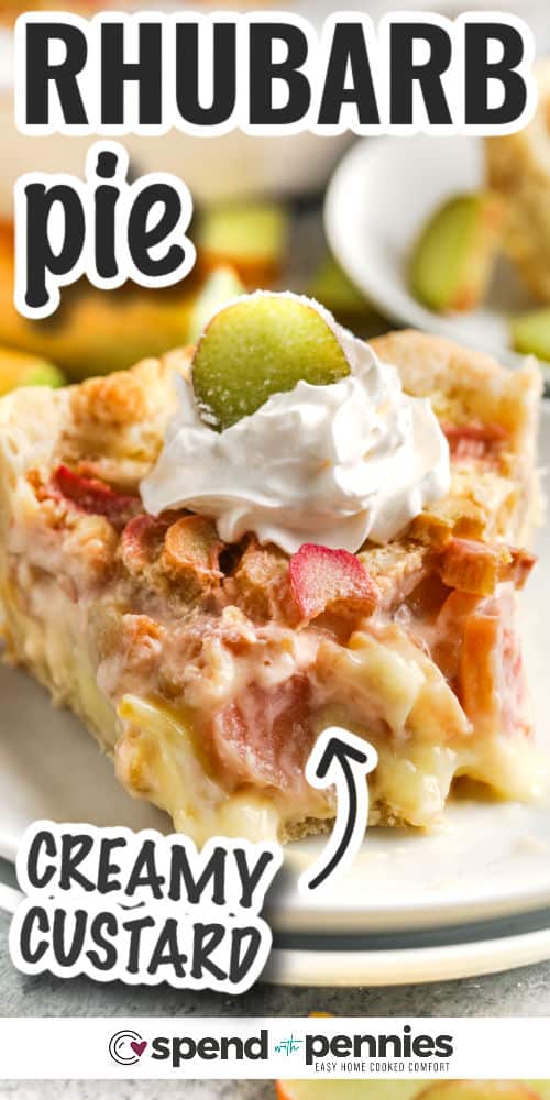 slice of Rhubarb Custard Pie with a bite taken out and writing