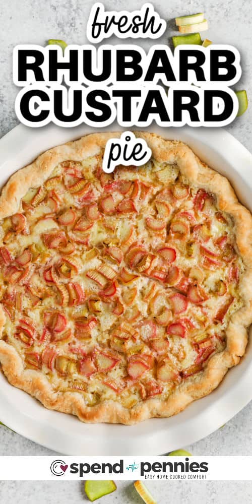 baked Rhubarb Custard Pie in the dish with writing