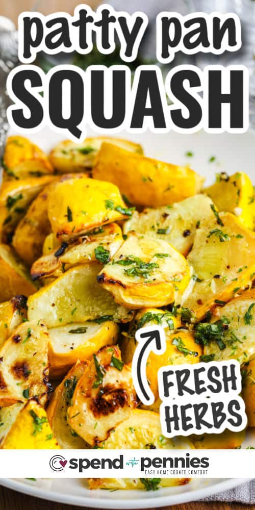 Roasted Patty Pan Squash on a plate with writing