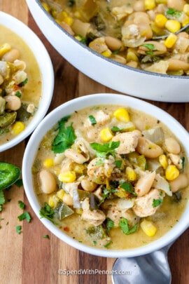 top view of white chicken chili in bowls