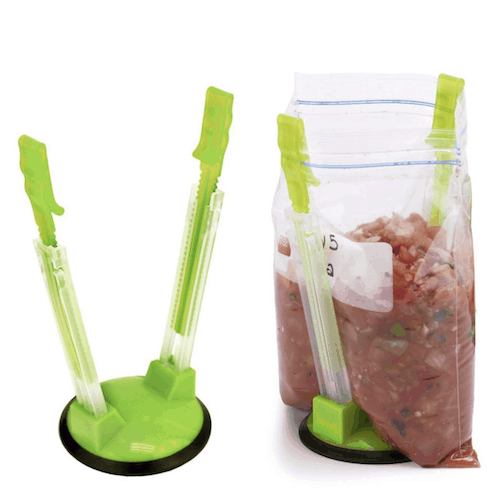 Freezer Bag Holder empty and holding a bag filled with sauce
